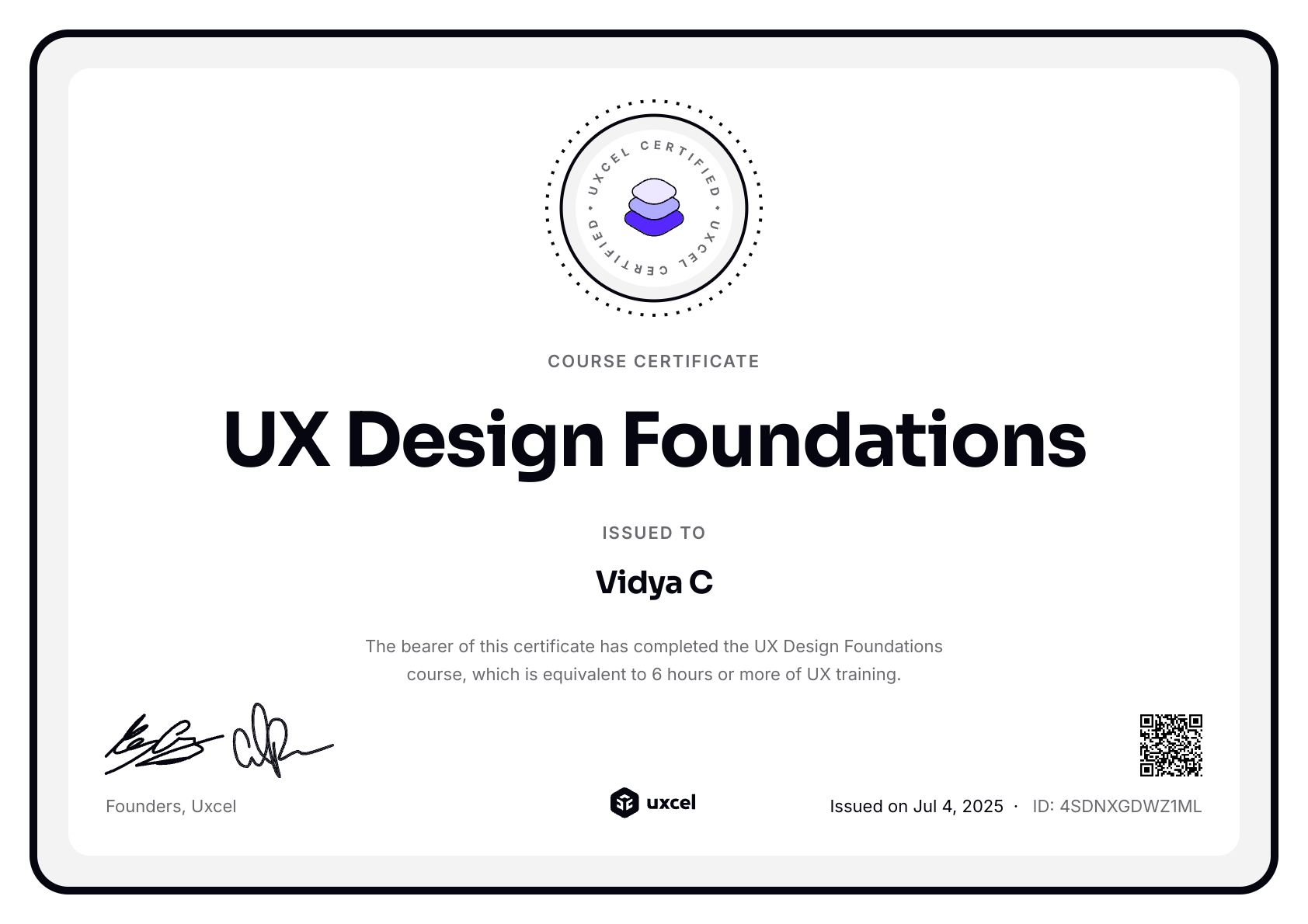 Vidya C's certificate